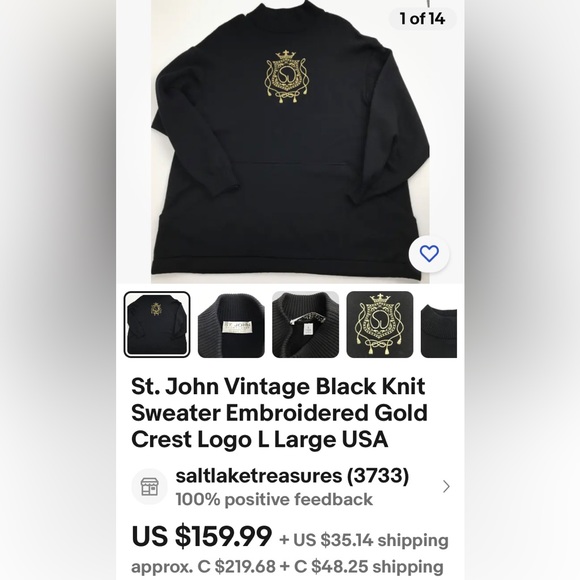St.John by Marie Gray black mock neck, wool sweater! Gold embroidery, Size L - Picture 15 of 17